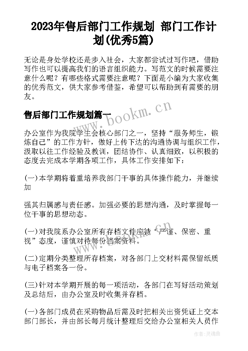 2023年售后部门工作规划 部门工作计划(优秀5篇)