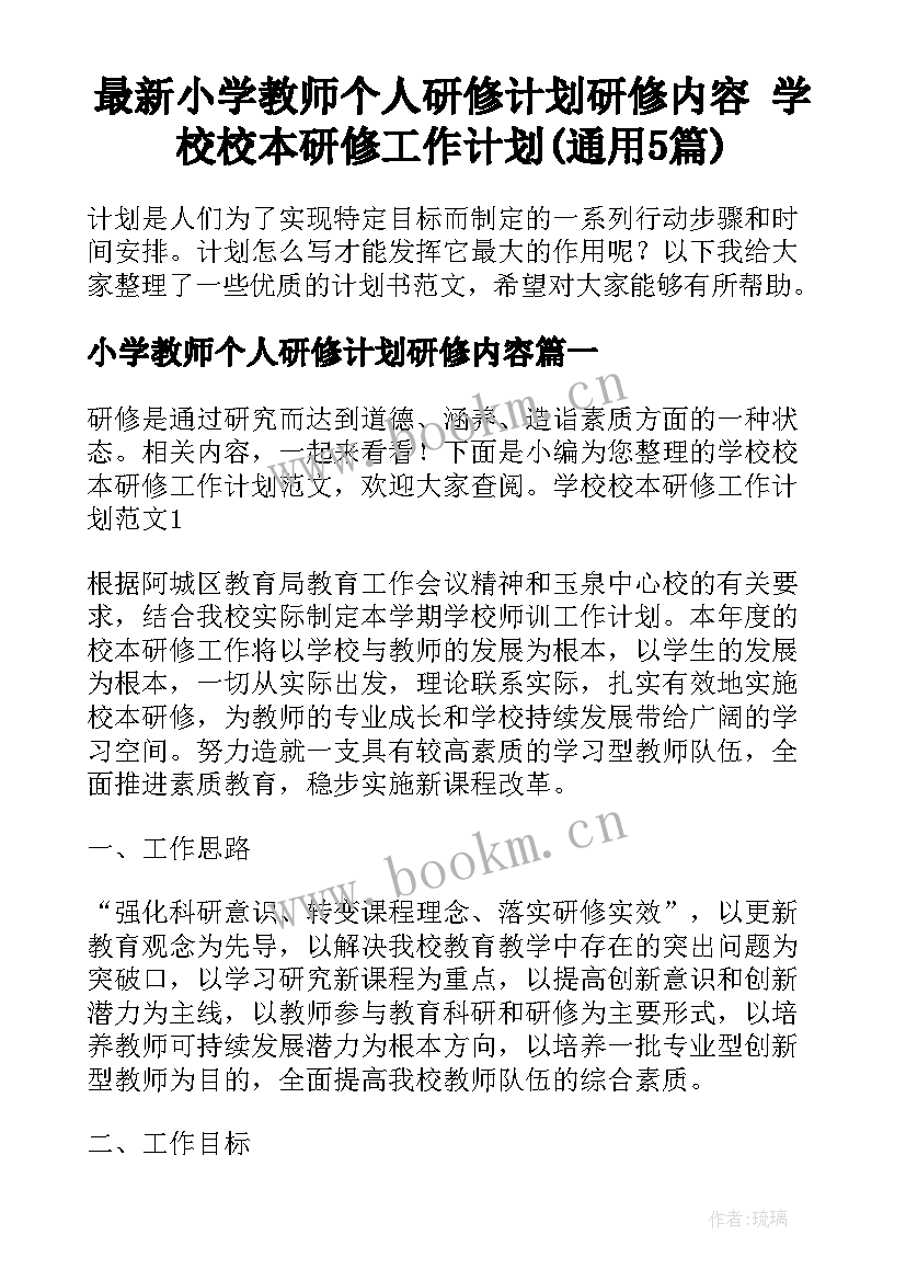 最新小学教师个人研修计划研修内容 学校校本研修工作计划(通用5篇)