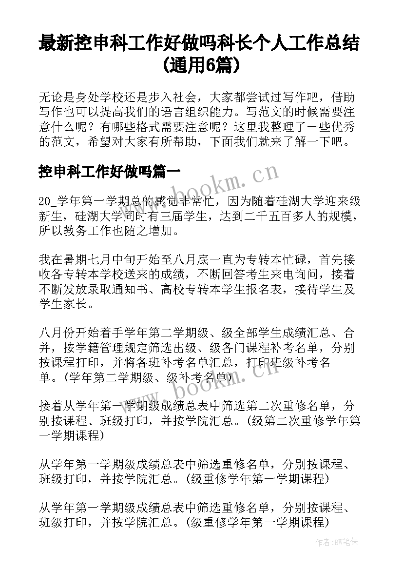 最新控申科工作好做吗 科长个人工作总结(通用6篇)