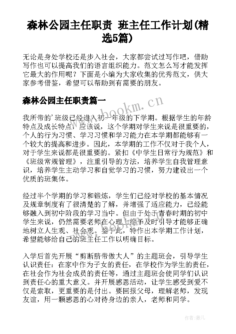 森林公园主任职责 班主任工作计划(精选5篇)