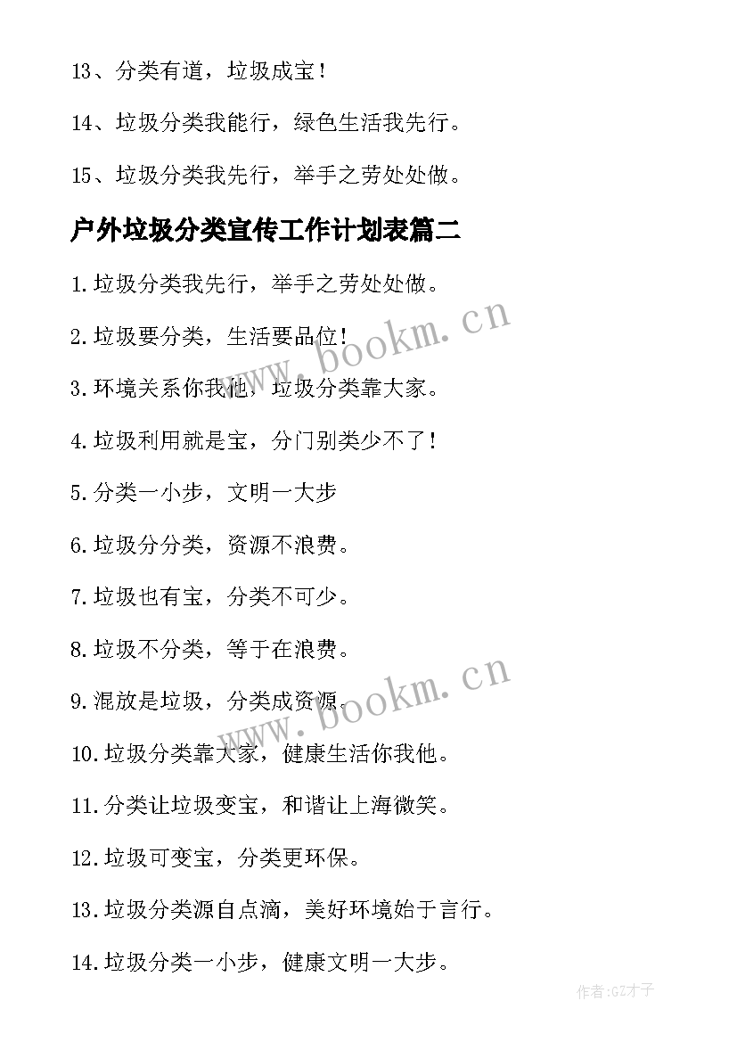 2023年户外垃圾分类宣传工作计划表 垃圾分类宣传语(模板9篇)