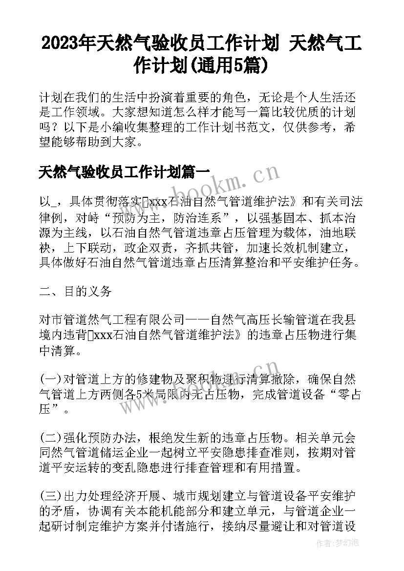 2023年天然气验收员工作计划 天然气工作计划(通用5篇)