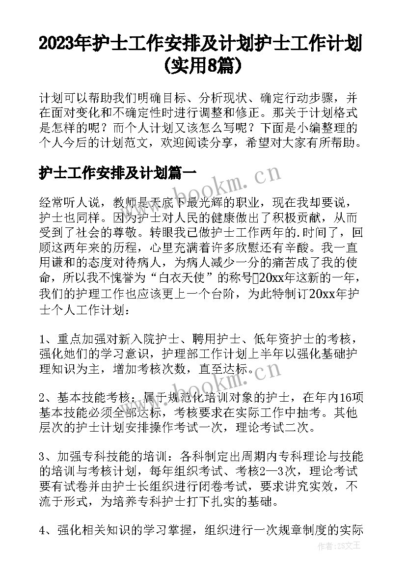 2023年护士工作安排及计划 护士工作计划(实用8篇)