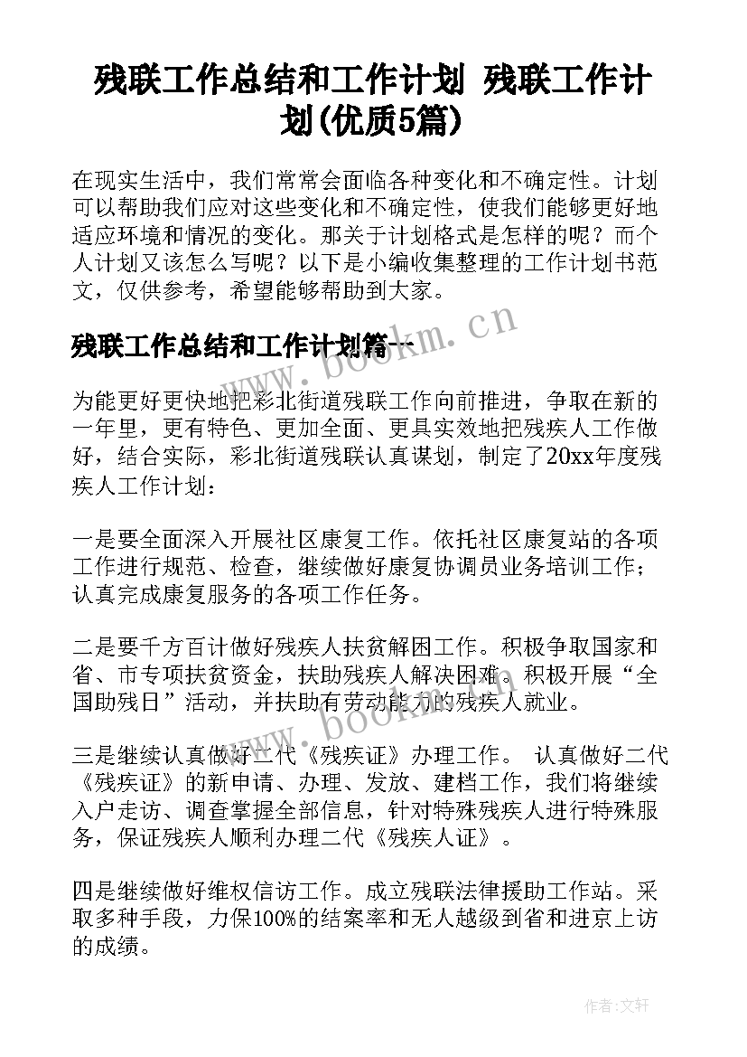 残联工作总结和工作计划 残联工作计划(优质5篇)