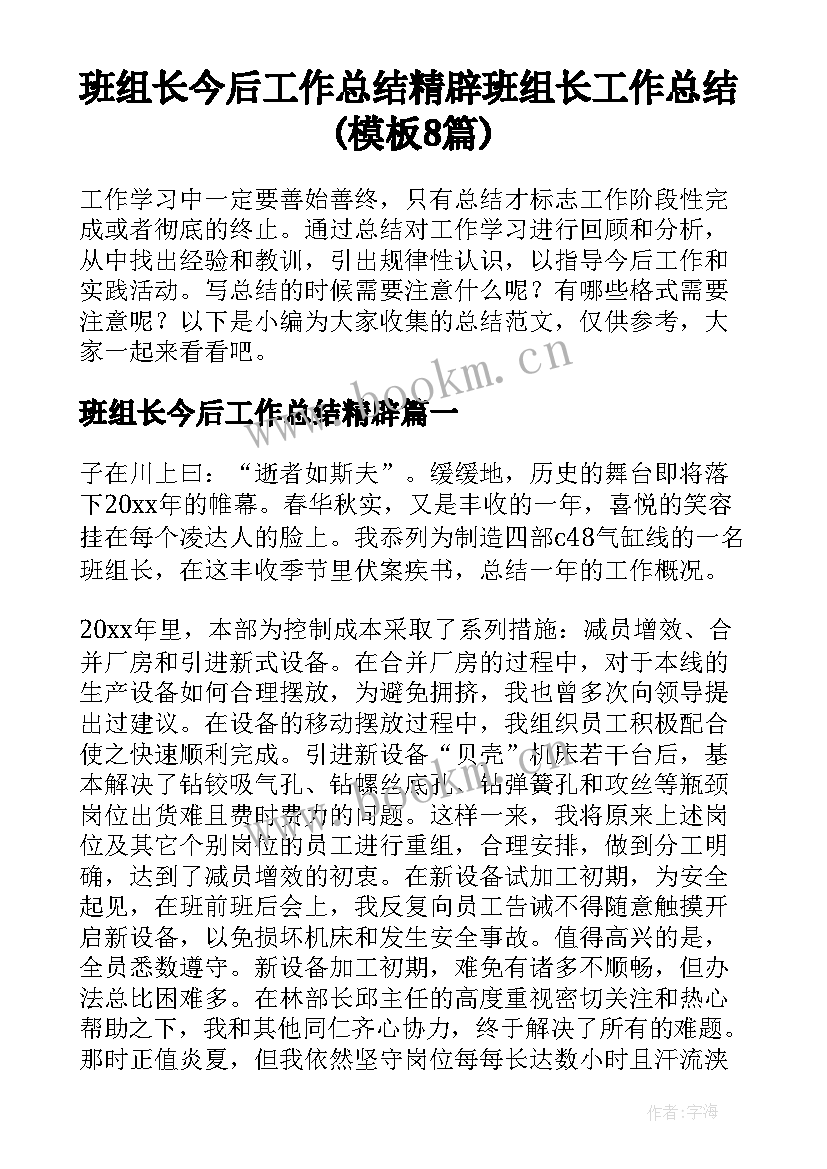 班组长今后工作总结精辟 班组长工作总结(模板8篇)