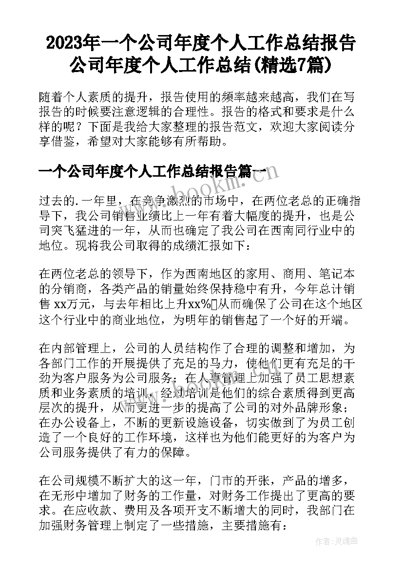 2023年一个公司年度个人工作总结报告 公司年度个人工作总结(精选7篇)