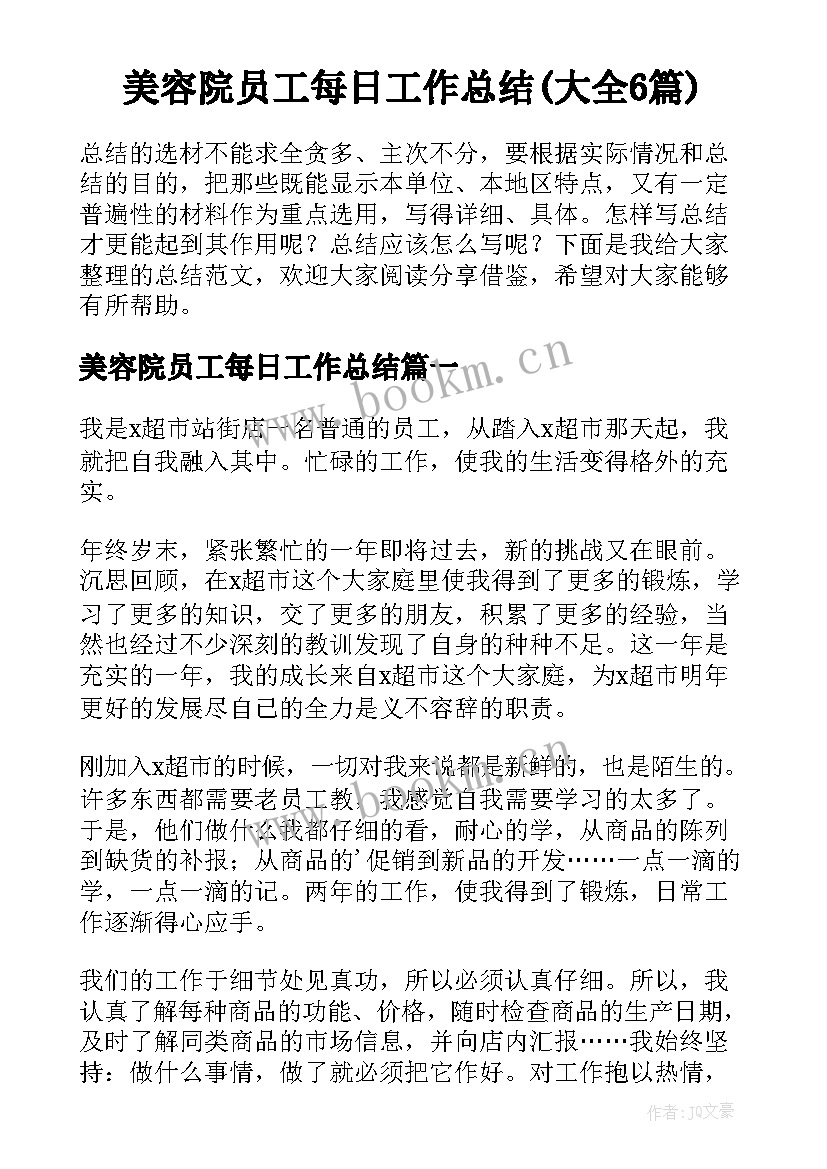 美容院员工每日工作总结(大全6篇)