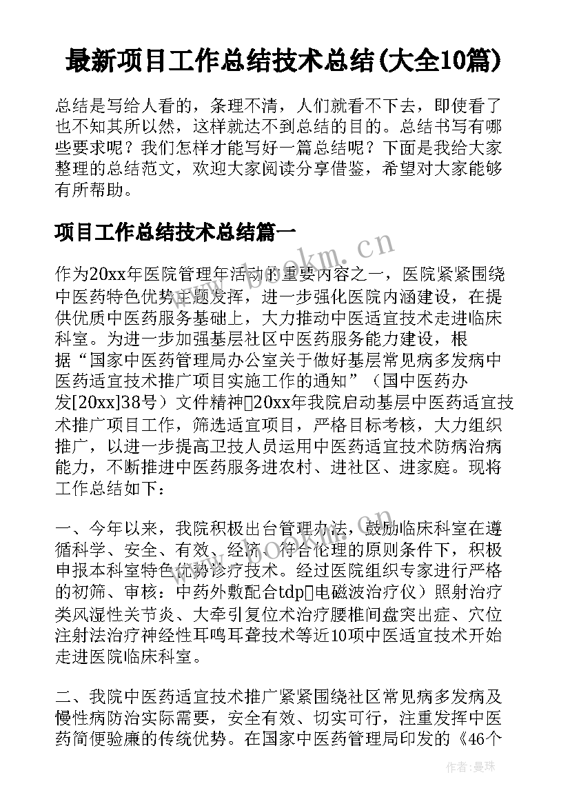 最新项目工作总结技术总结(大全10篇)