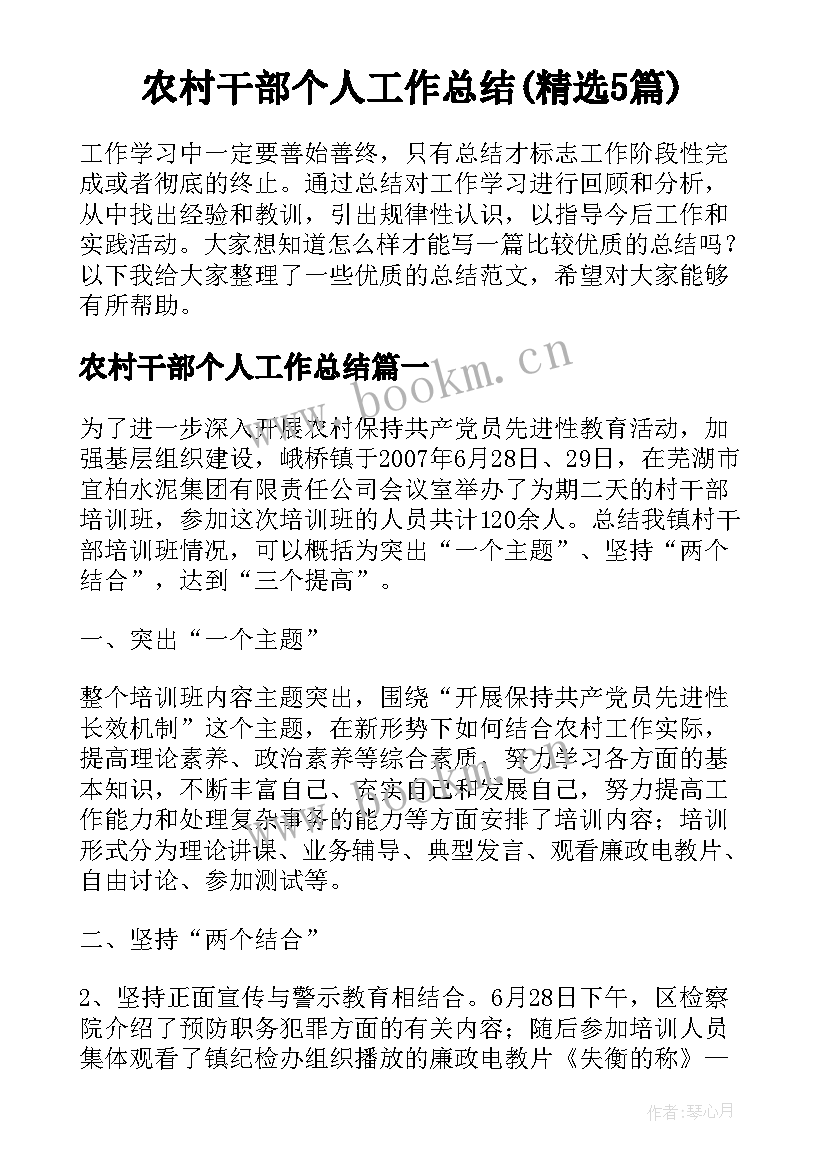 农村干部个人工作总结(精选5篇)