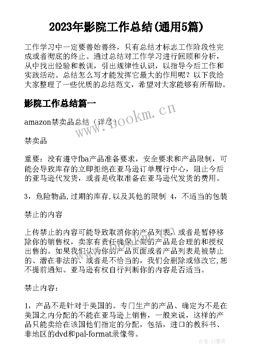 2023年影院工作总结(通用5篇)