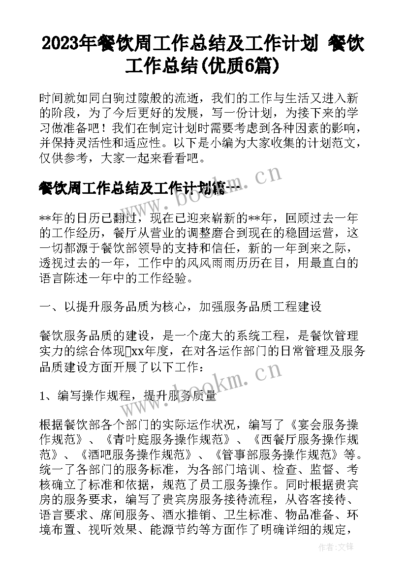 2023年餐饮周工作总结及工作计划 餐饮工作总结(优质6篇)