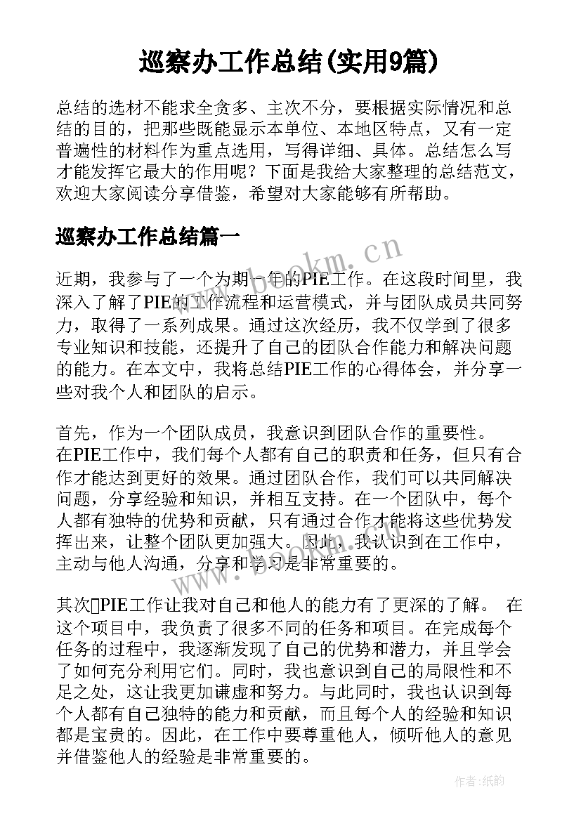 巡察办工作总结(实用9篇)