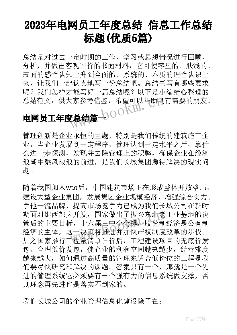 2023年电网员工年度总结 信息工作总结标题(优质5篇)