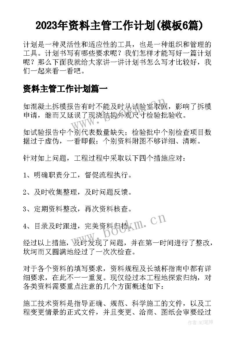 2023年资料主管工作计划(模板6篇)