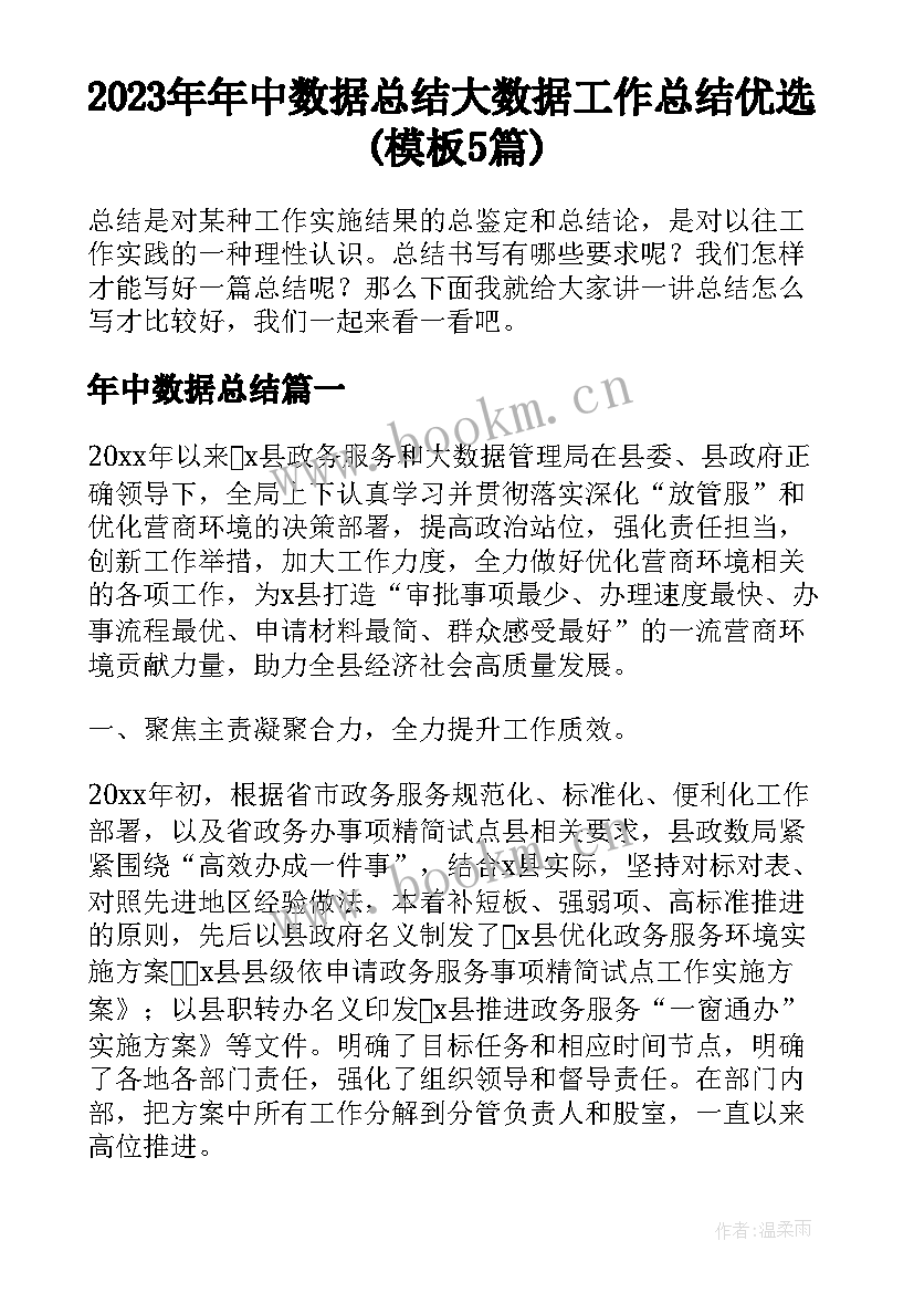 2023年年中数据总结 大数据工作总结优选(模板5篇)