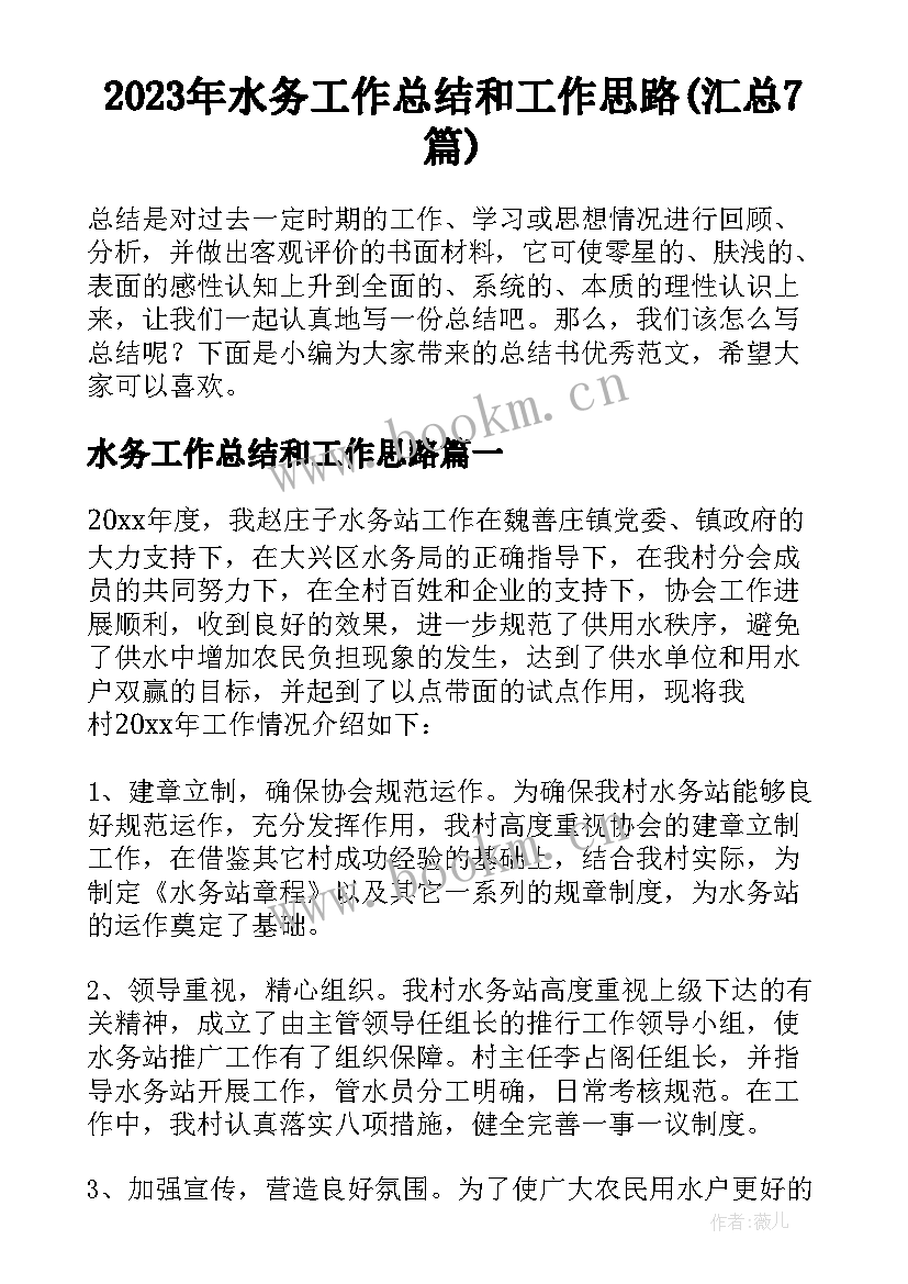 2023年水务工作总结和工作思路(汇总7篇)