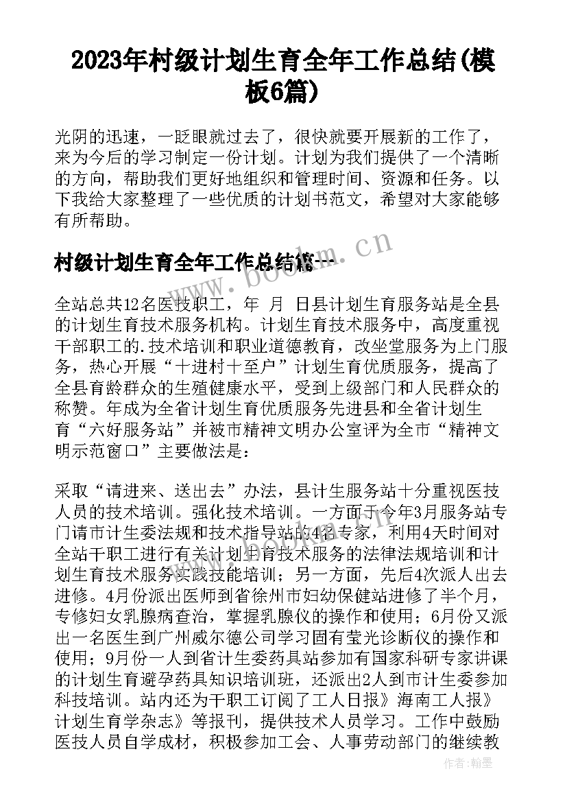 2023年村级计划生育全年工作总结(模板6篇)