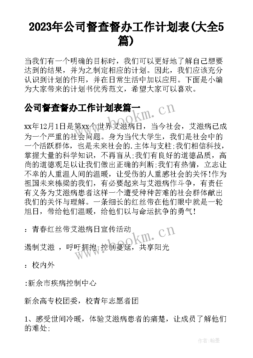 2023年公司督查督办工作计划表(大全5篇)