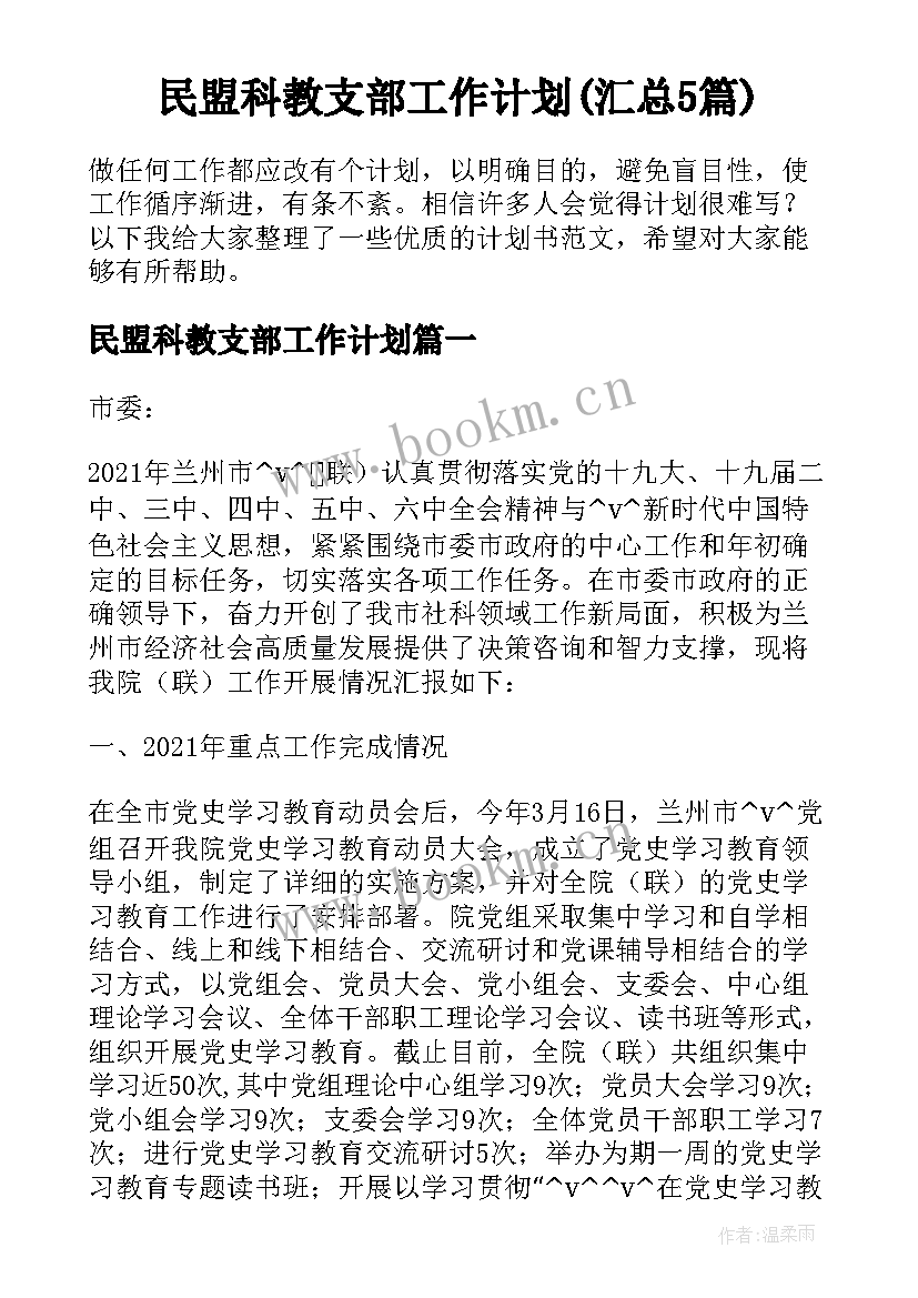 民盟科教支部工作计划(汇总5篇)