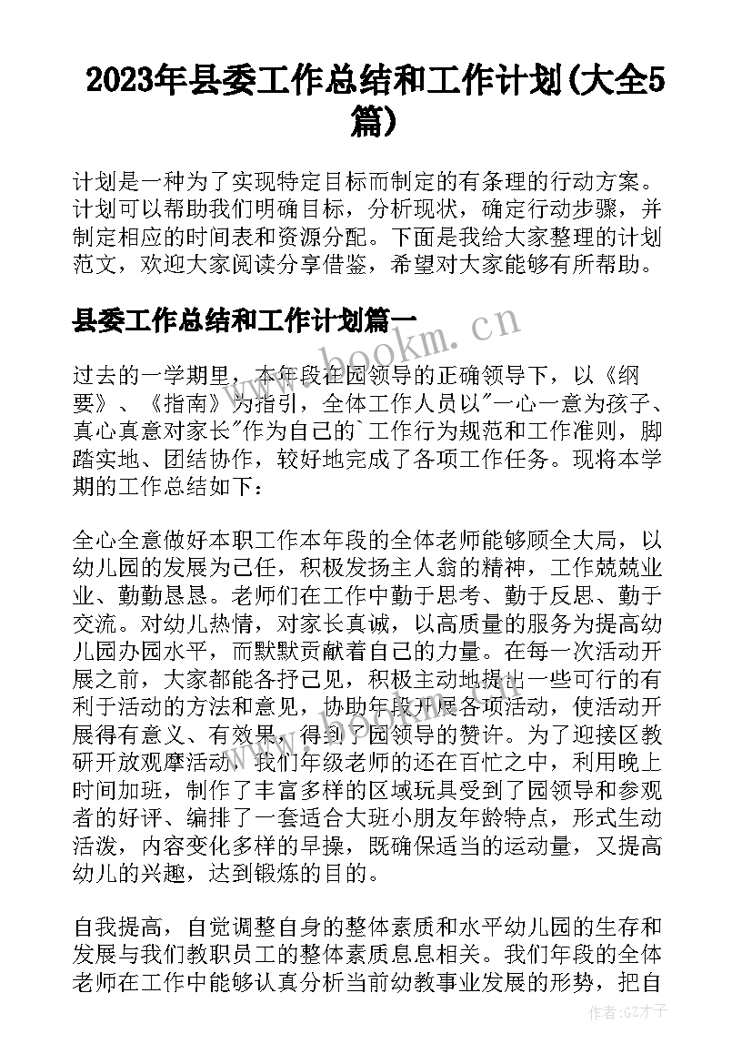 2023年县委工作总结和工作计划(大全5篇)