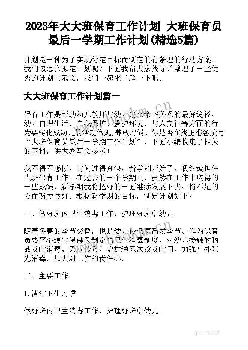 2023年大大班保育工作计划 大班保育员最后一学期工作计划(精选5篇)