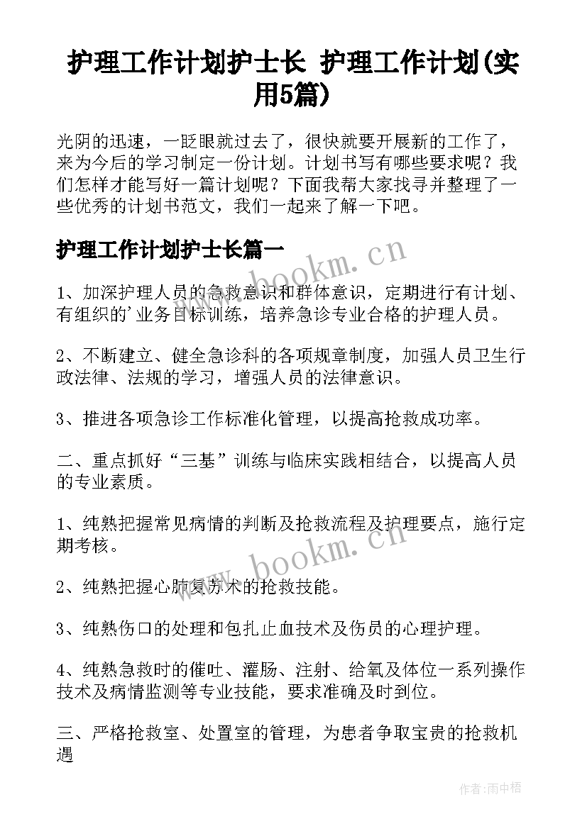 护理工作计划护士长 护理工作计划(实用5篇)