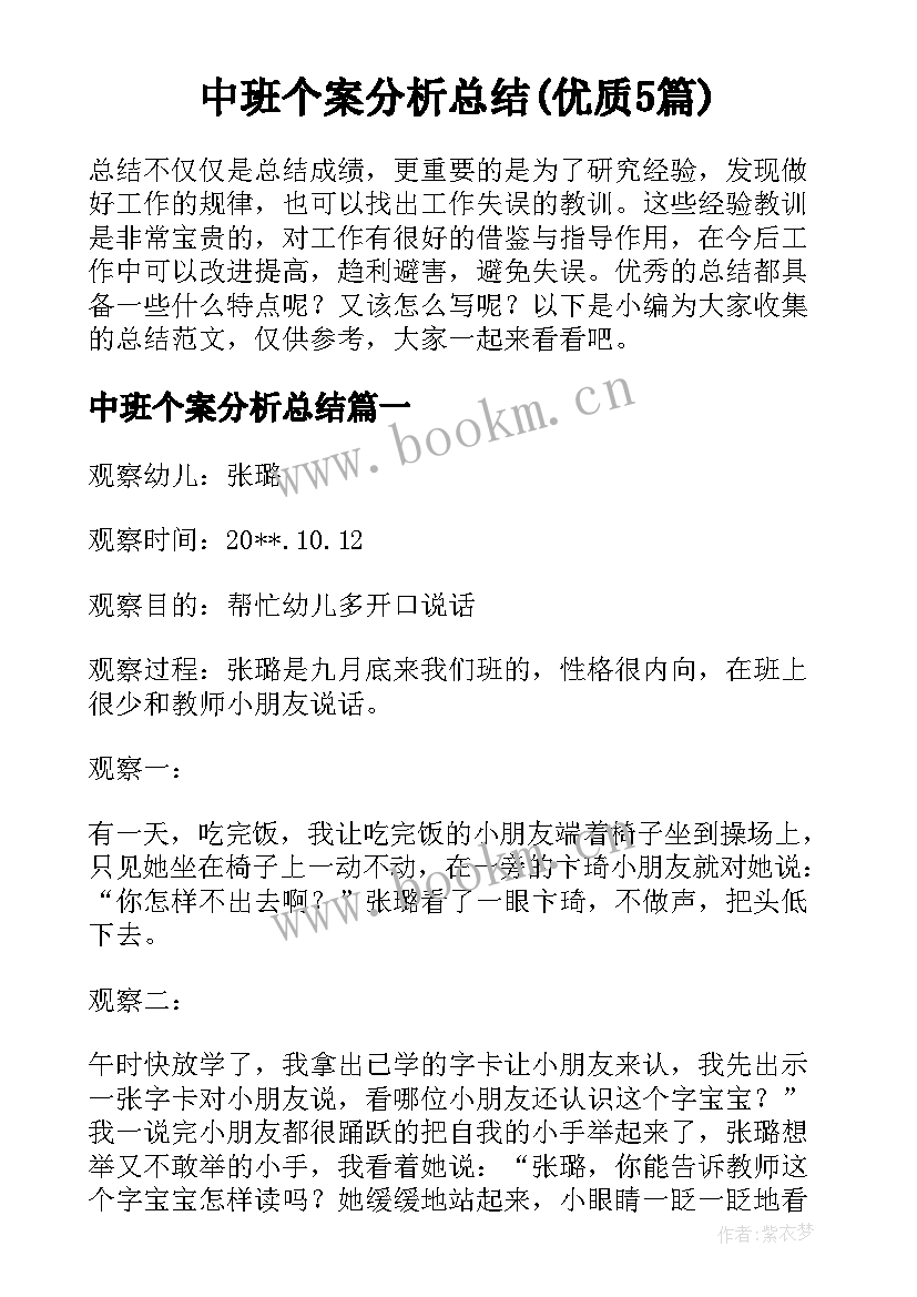 中班个案分析总结(优质5篇)