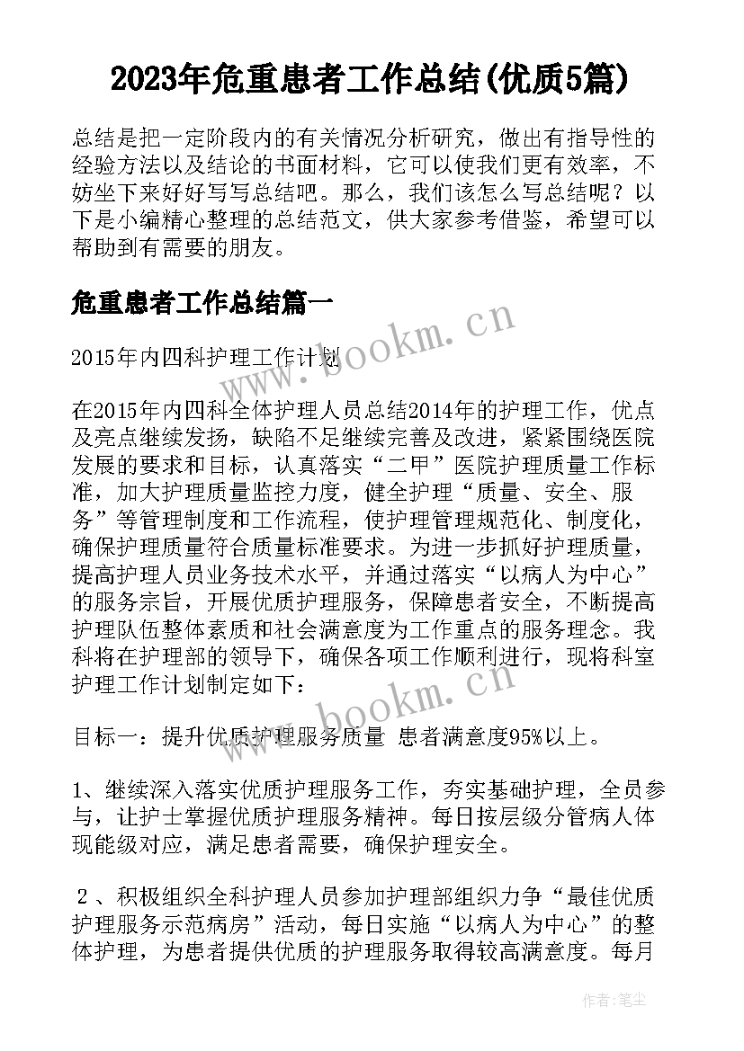 2023年危重患者工作总结(优质5篇)