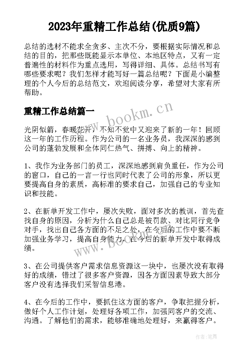 2023年重精工作总结(优质9篇)