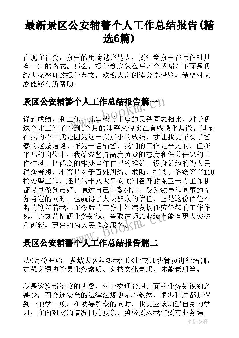 最新景区公安辅警个人工作总结报告(精选6篇)