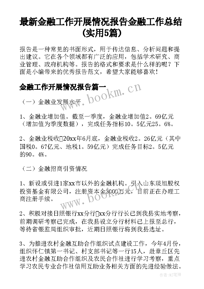 最新金融工作开展情况报告 金融工作总结(实用5篇)