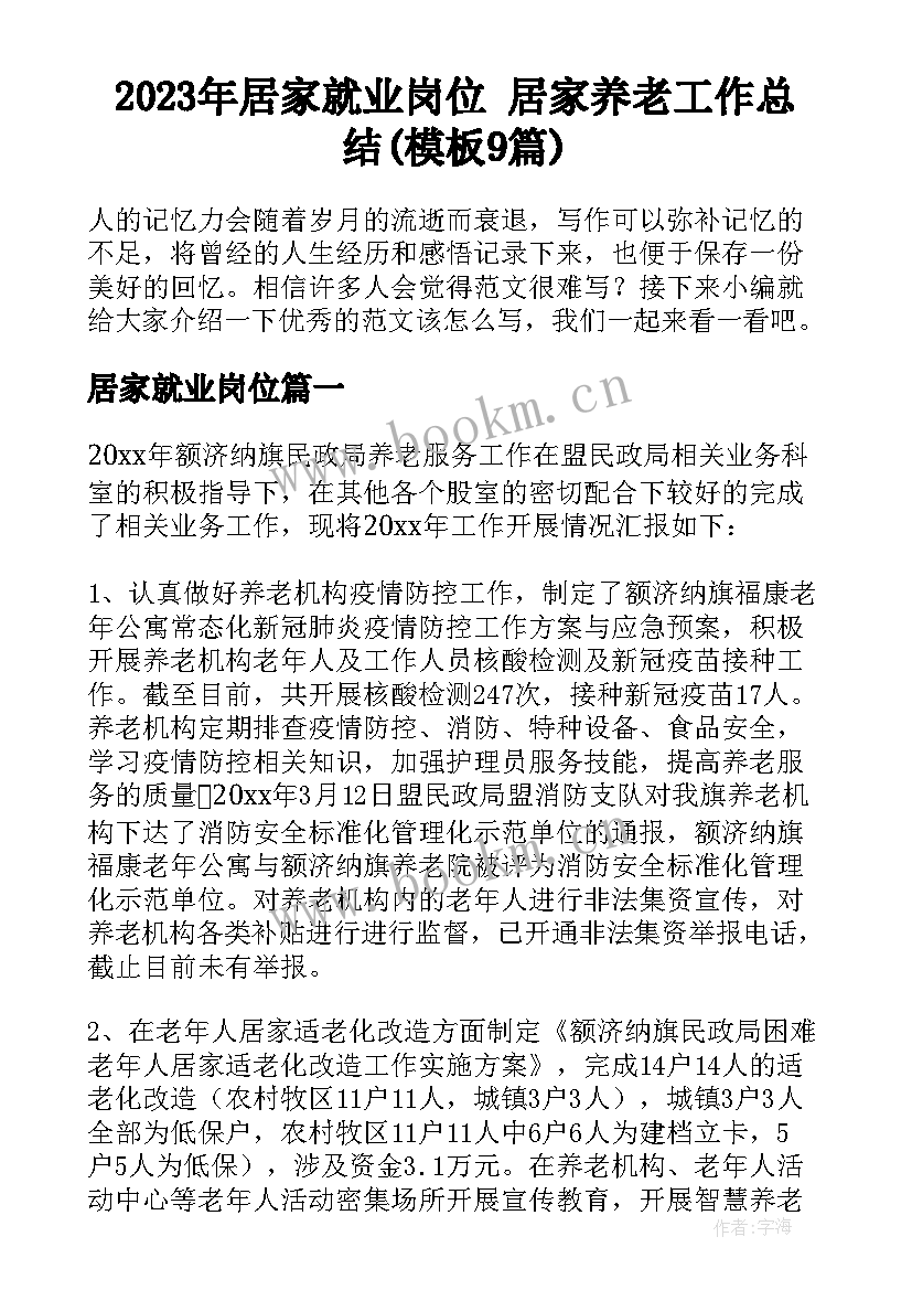 2023年居家就业岗位 居家养老工作总结(模板9篇)