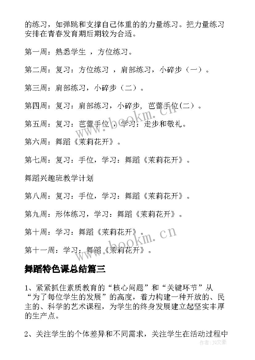 舞蹈特色课总结 舞蹈工作计划(通用10篇)