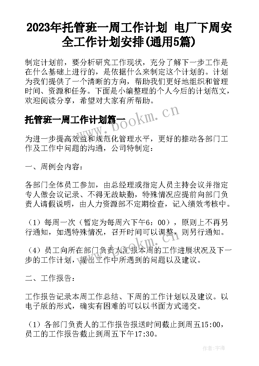 2023年托管班一周工作计划 电厂下周安全工作计划安排(通用5篇)