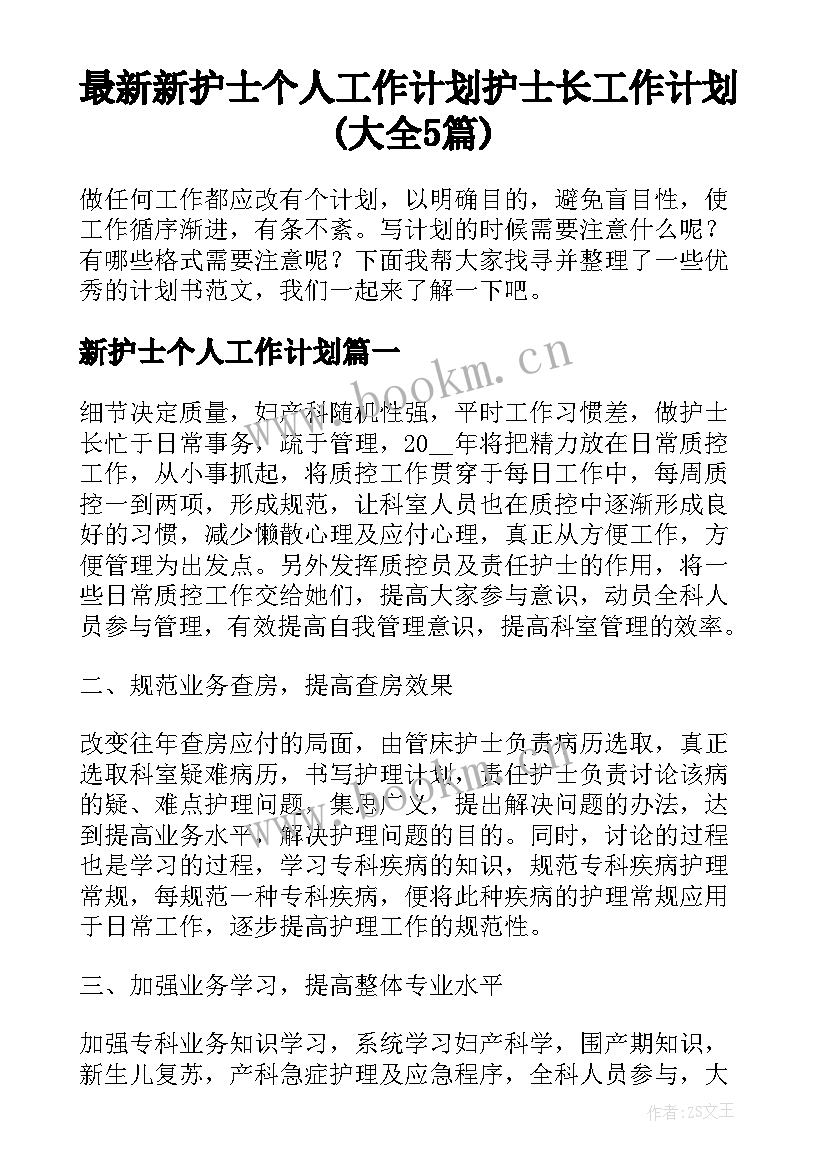 最新新护士个人工作计划 护士长工作计划(大全5篇)