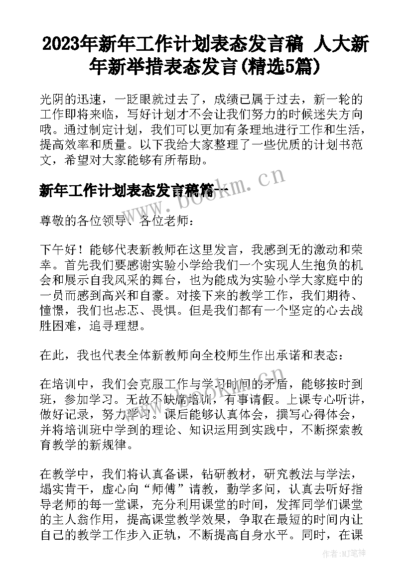 2023年新年工作计划表态发言稿 人大新年新举措表态发言(精选5篇)