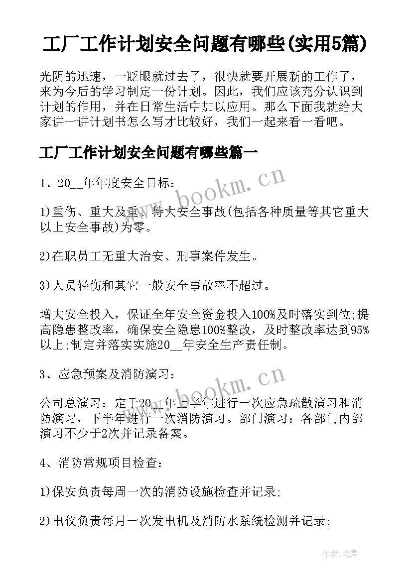 工厂工作计划安全问题有哪些(实用5篇)