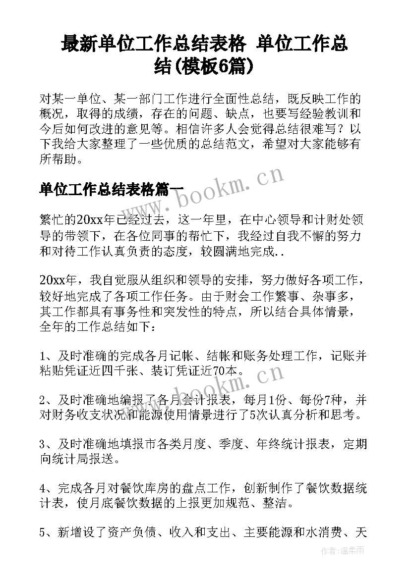 最新单位工作总结表格 单位工作总结(模板6篇)