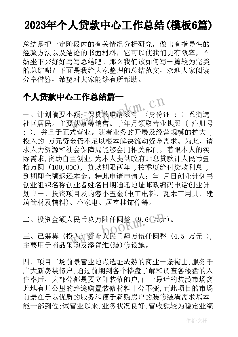 2023年个人贷款中心工作总结(模板6篇)