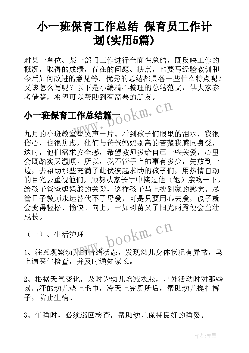 小一班保育工作总结 保育员工作计划(实用5篇)