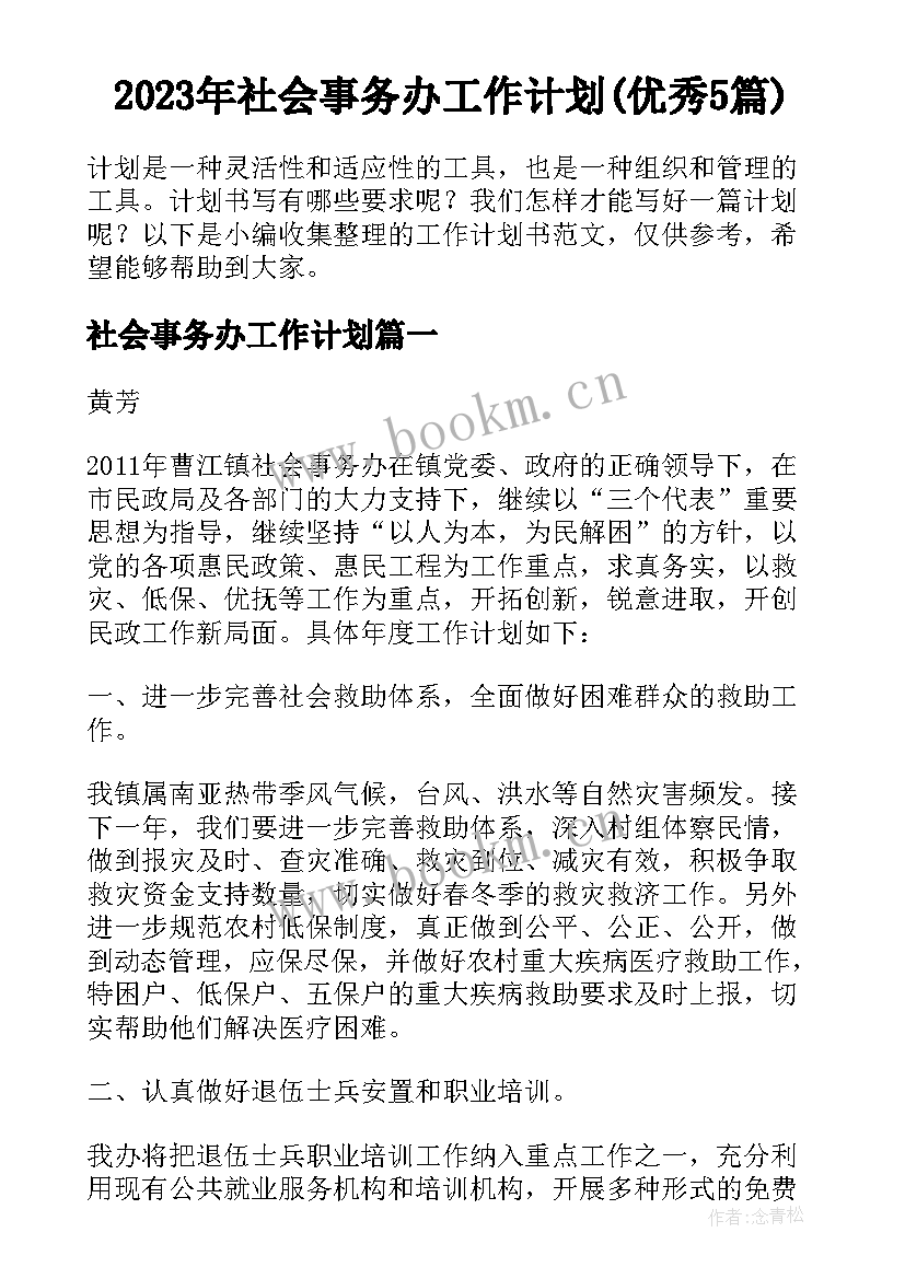 2023年社会事务办工作计划(优秀5篇)