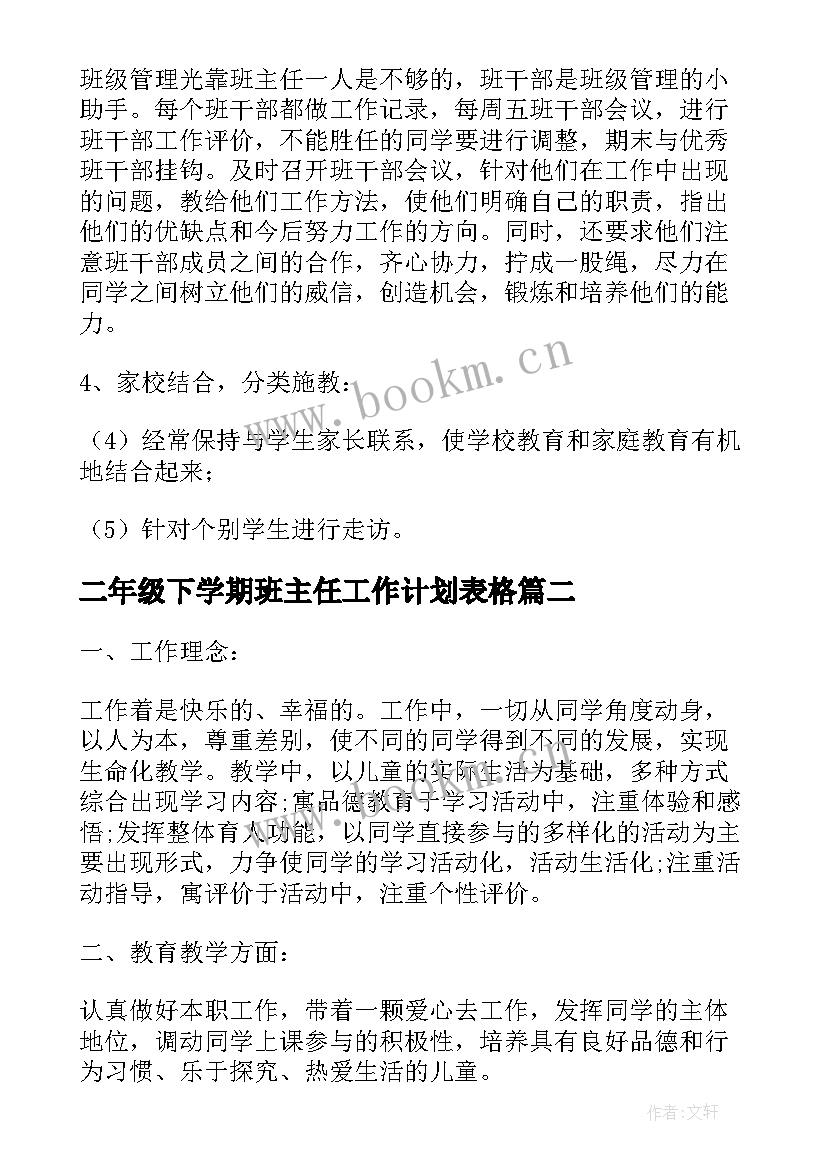 2023年二年级下学期班主任工作计划表格 二年级下学期班主任工作计划(优秀5篇)