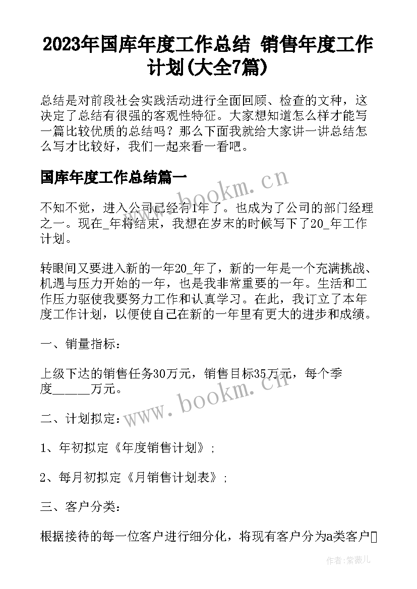 2023年国库年度工作总结 销售年度工作计划(大全7篇)