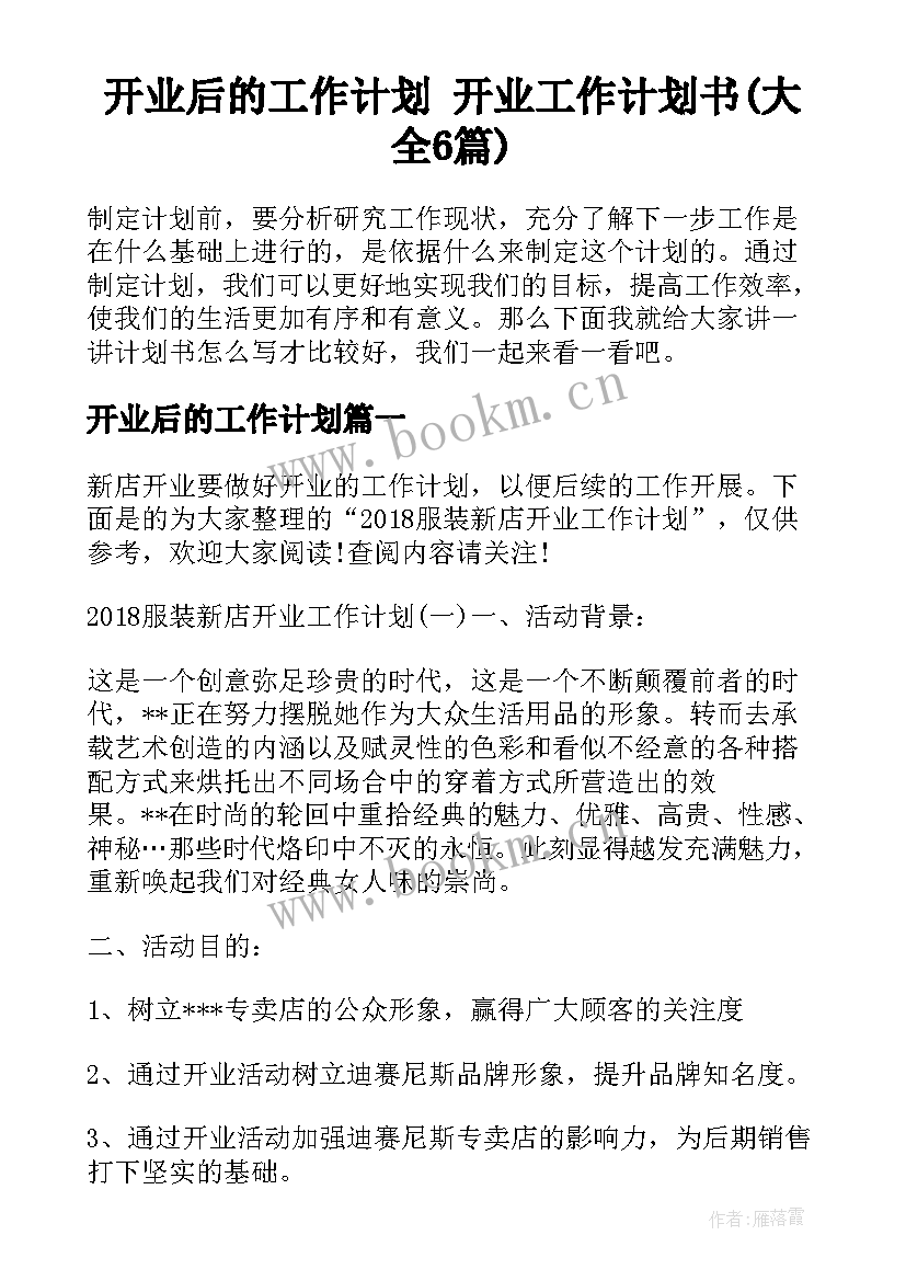 开业后的工作计划 开业工作计划书(大全6篇)