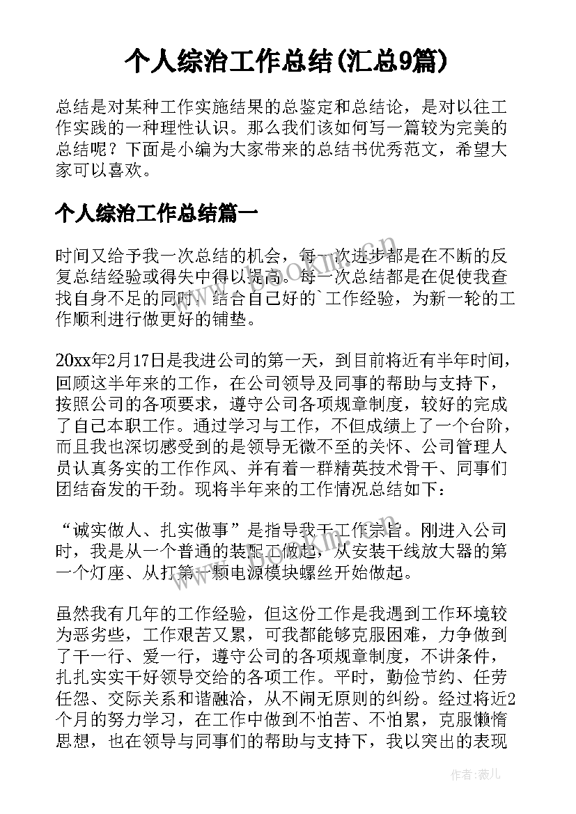 个人综治工作总结(汇总9篇)