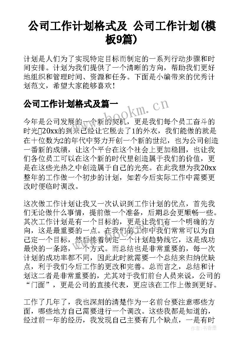 公司工作计划格式及 公司工作计划(模板9篇)