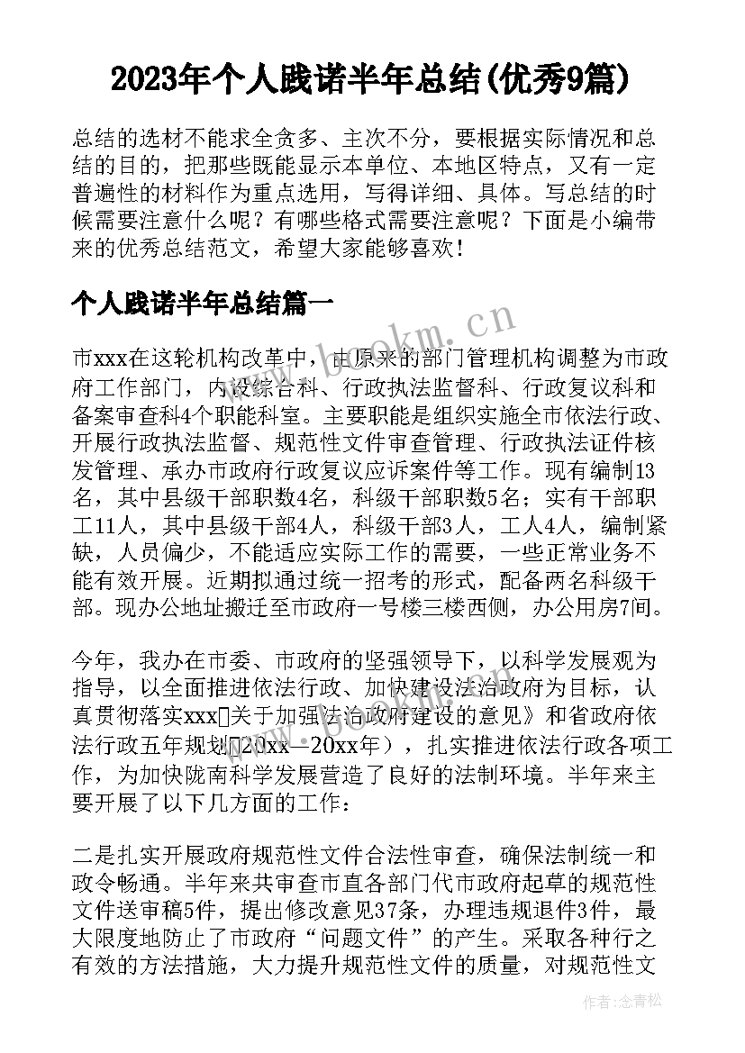 2023年个人践诺半年总结(优秀9篇)