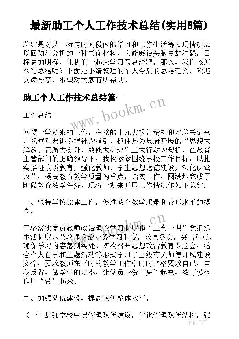 最新助工个人工作技术总结(实用8篇)