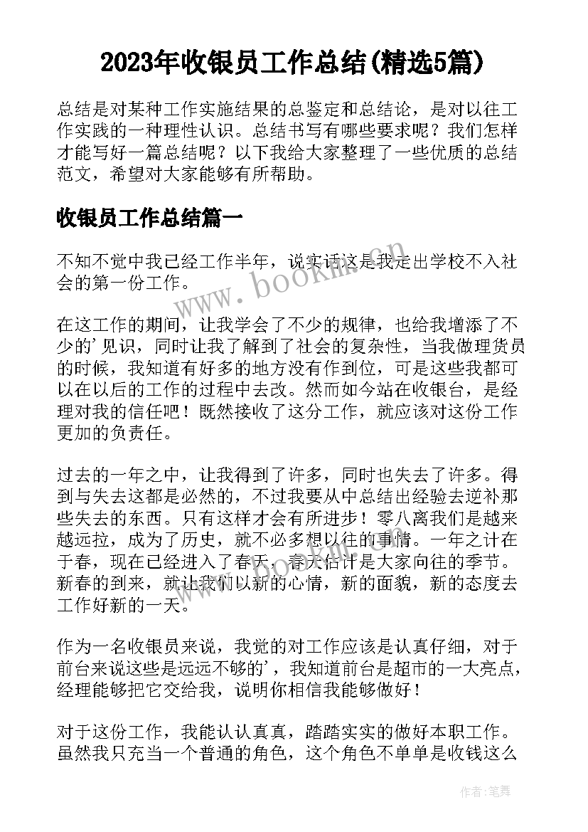 2023年收银员工作总结(精选5篇)