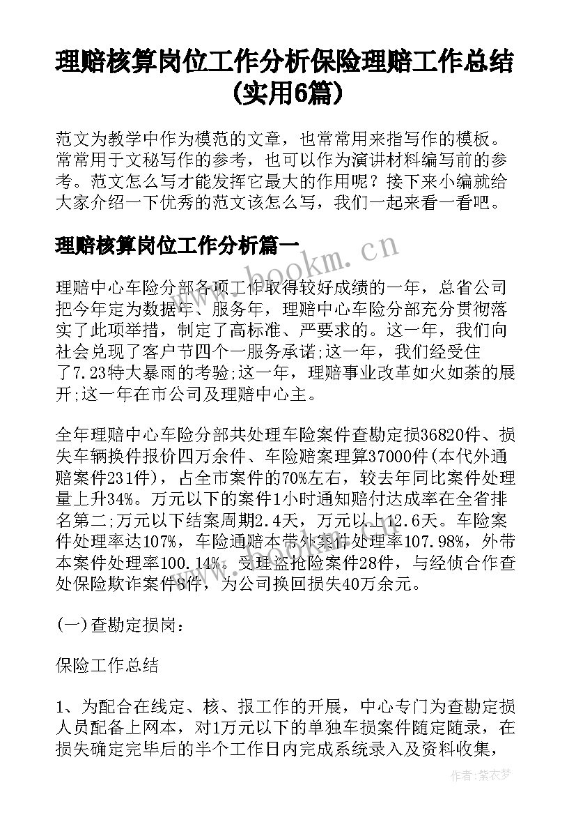 理赔核算岗位工作分析 保险理赔工作总结(实用6篇)